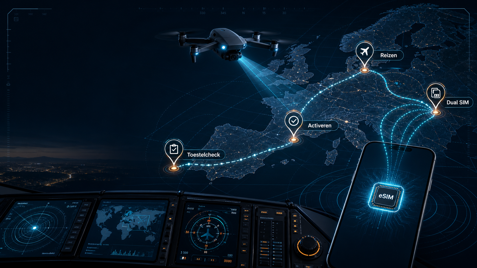 Droneachtige eSIM routekaart voor toestelcheck, provider, reizen en dual sim